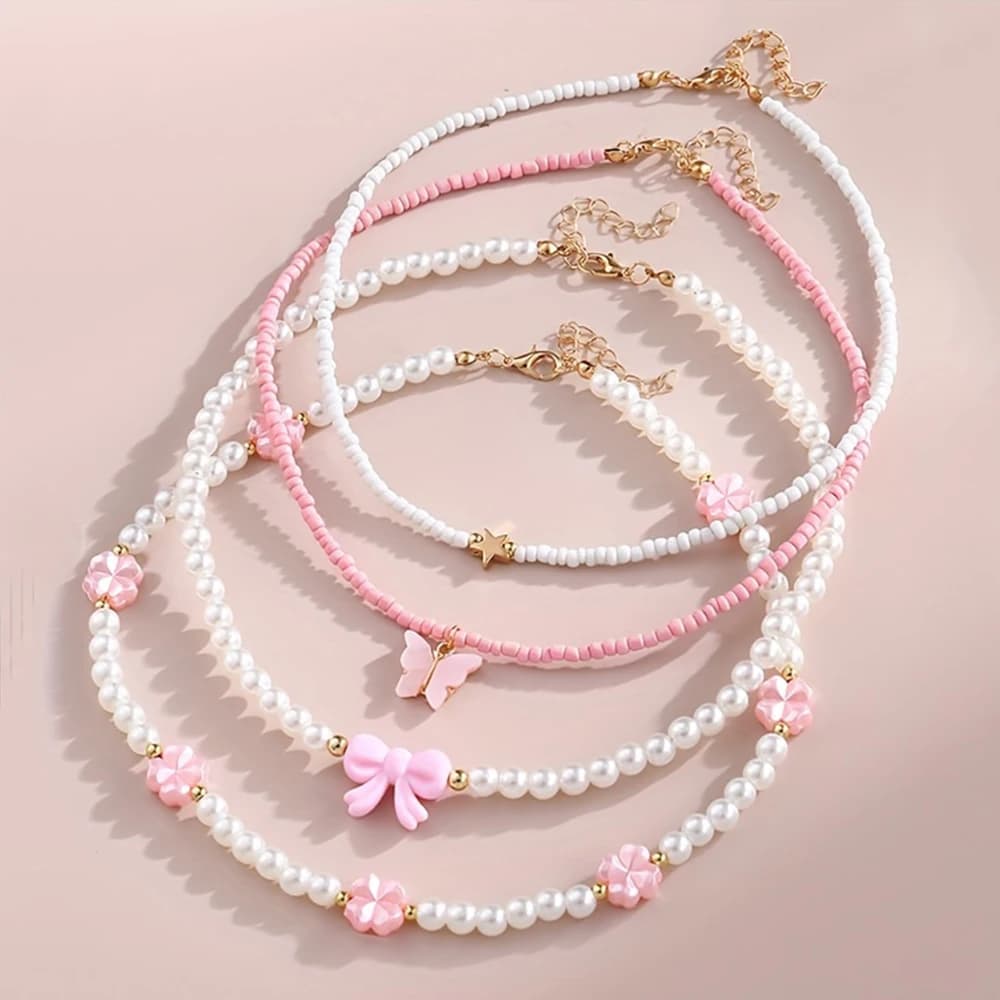 4pcs/Set Girls' Butterfly Heart Flower Pearl & Beaded Handmade Necklace Set Children Teen Friendship Best Gift For Friends