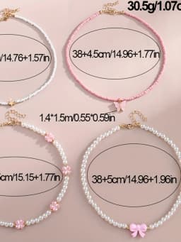 4pcs/Set Girls' Butterfly Heart Flower Pearl & Beaded Handmade Necklace Set Children Teen Friendship Best Gift For Friends