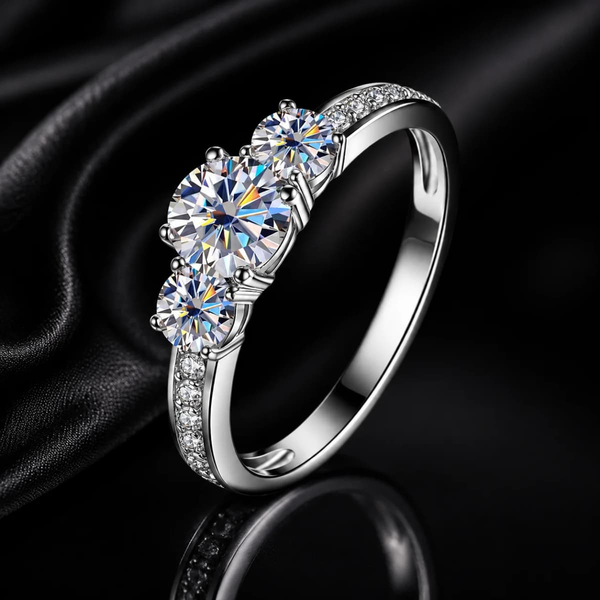 Celestinova Round Moissanite Three Stone Ring GRA Certified 14K Gold Plated Engagement Wedding Bridal Jewelry For Women
