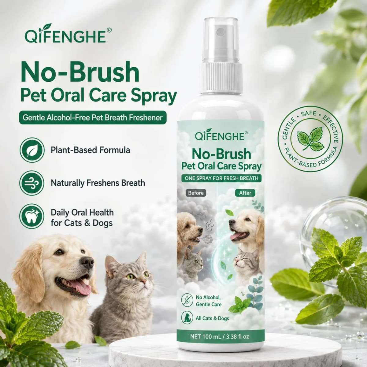 No-Brush Pet Dental Spray for Fresh Breath, Alcohol-Free Plant-Based Formula, Safe Daily Oral Care.