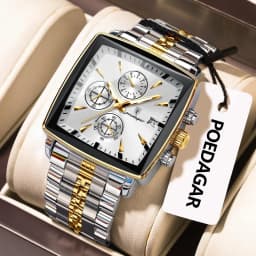 POEDAGAR Fashion Square Men Clock Luminous Waterproof Chronograph Date Men's Watches Stainless Steel Quartz Man Wristwatch Reloj