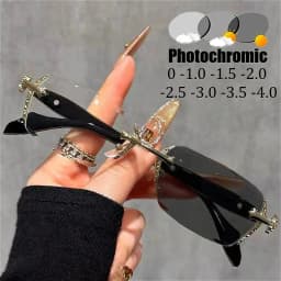 Cut Edge High-end Framless Photochromic Myopia Glasses Silver Gold Blue Light Blocking Eyewear Anti-UV Sunglasses Diopters -4.0