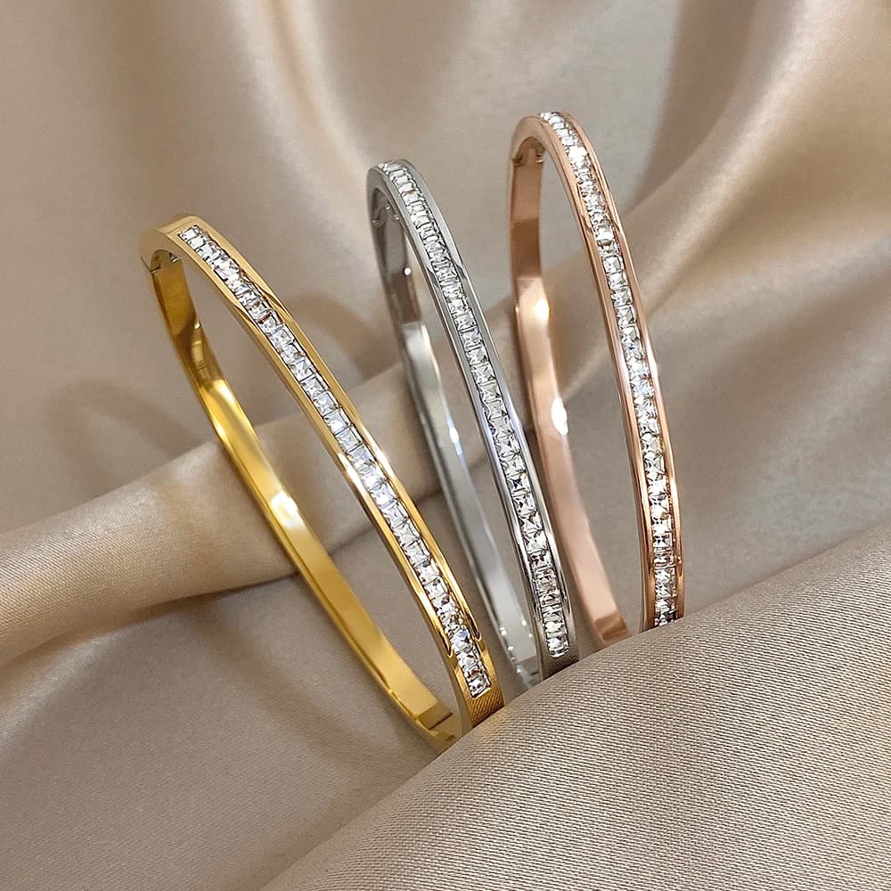 Glossy Rhinestone Stainless Steel Bangles Bracelets for Women Fashion Gold Silver Color Stacked Cuff Bracelet Jewelry Gifts