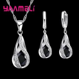 Hot Water Drop CZ 925 Sterling Silver Jewelry Set For Women Pendant Necklace Hoop Earrings Wedding Party Ceremoey Anel
