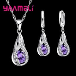 Hot Water Drop CZ 925 Sterling Silver Jewelry Set For Women Pendant Necklace Hoop Earrings Wedding Party Ceremoey Anel