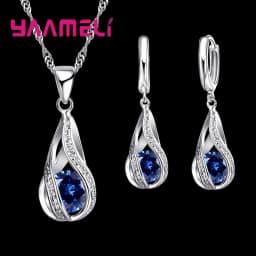 Hot Water Drop CZ 925 Sterling Silver Jewelry Set For Women Pendant Necklace Hoop Earrings Wedding Party Ceremoey Anel