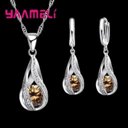 Hot Water Drop CZ 925 Sterling Silver Jewelry Set For Women Pendant Necklace Hoop Earrings Wedding Party Ceremoey Anel