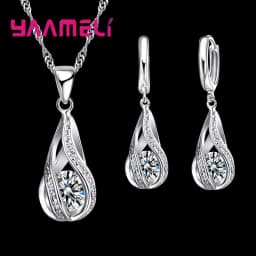 Hot Water Drop CZ 925 Sterling Silver Jewelry Set For Women Pendant Necklace Hoop Earrings Wedding Party Ceremoey Anel