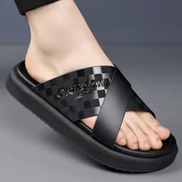 Summer New Fashion Outside Wear Slippers for Men Business Casual Black Leisure Genuine Leather Beach Shoes Slippers Man