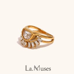 La. Muses Shining Zircon Sun Shaped Stainless Steel Women's Ring PVD Gold Plated Fashion Finger Jewelry Accessories