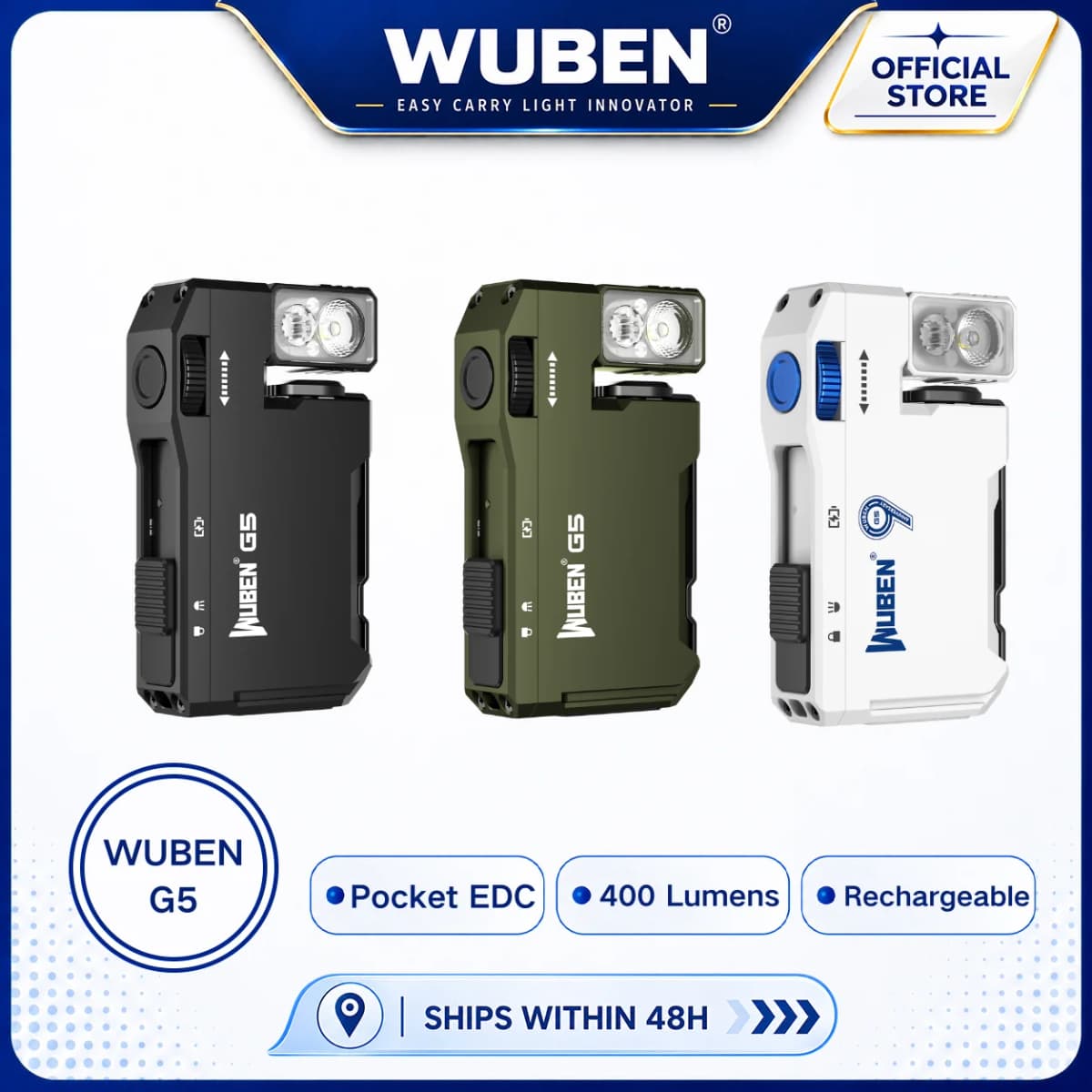 WUBEN G5 Rechargeable EDC Flashlight, 400 Lumens Dual Light Sources Mini Flashlight with RGB Light, Portable Pocket Flashlights