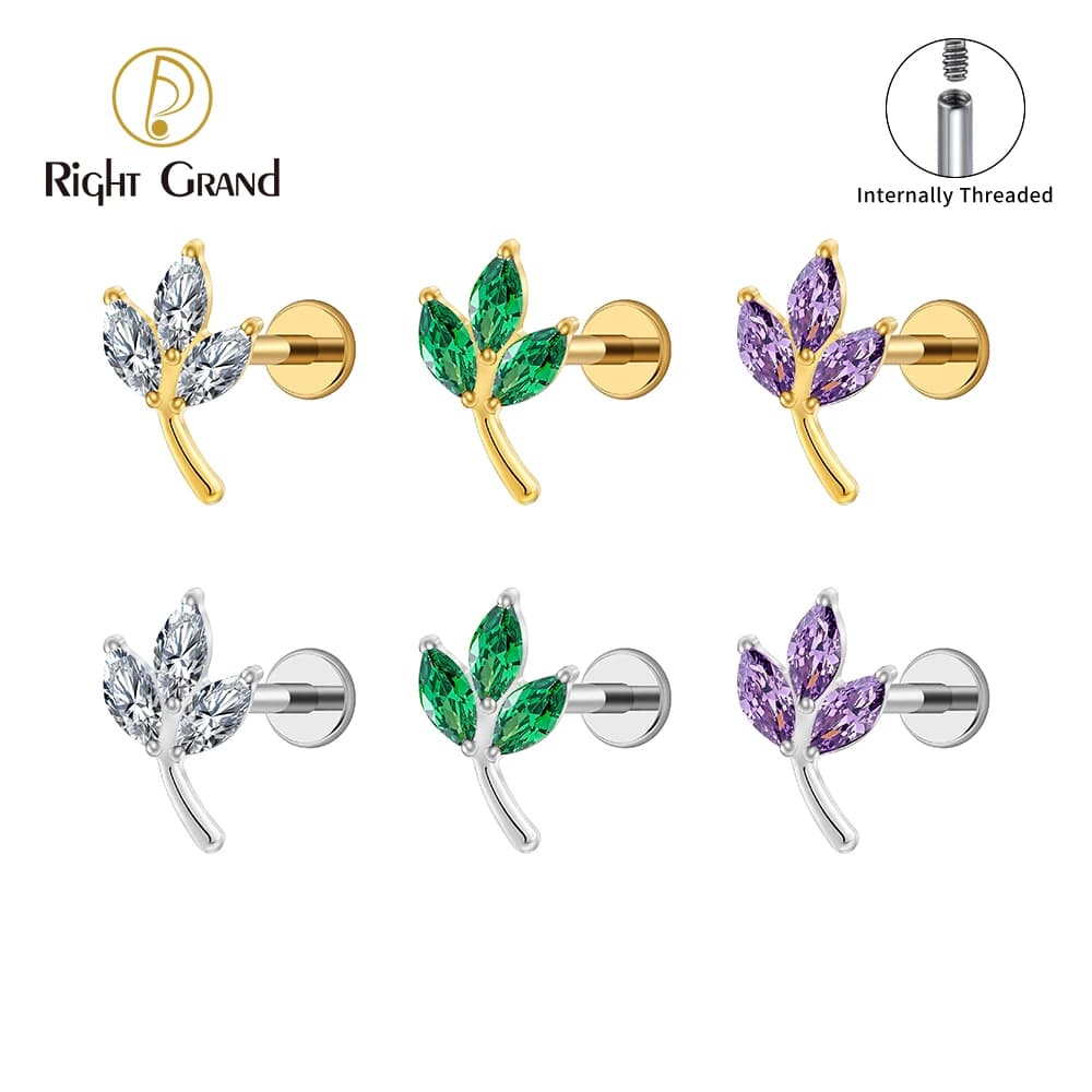Right Grand ASTM F136 Titanium Triple Marquise CZ Cartilage Earring 16G Dainty Leaf Helix Tragus Stud Ear Piercing Jewelry