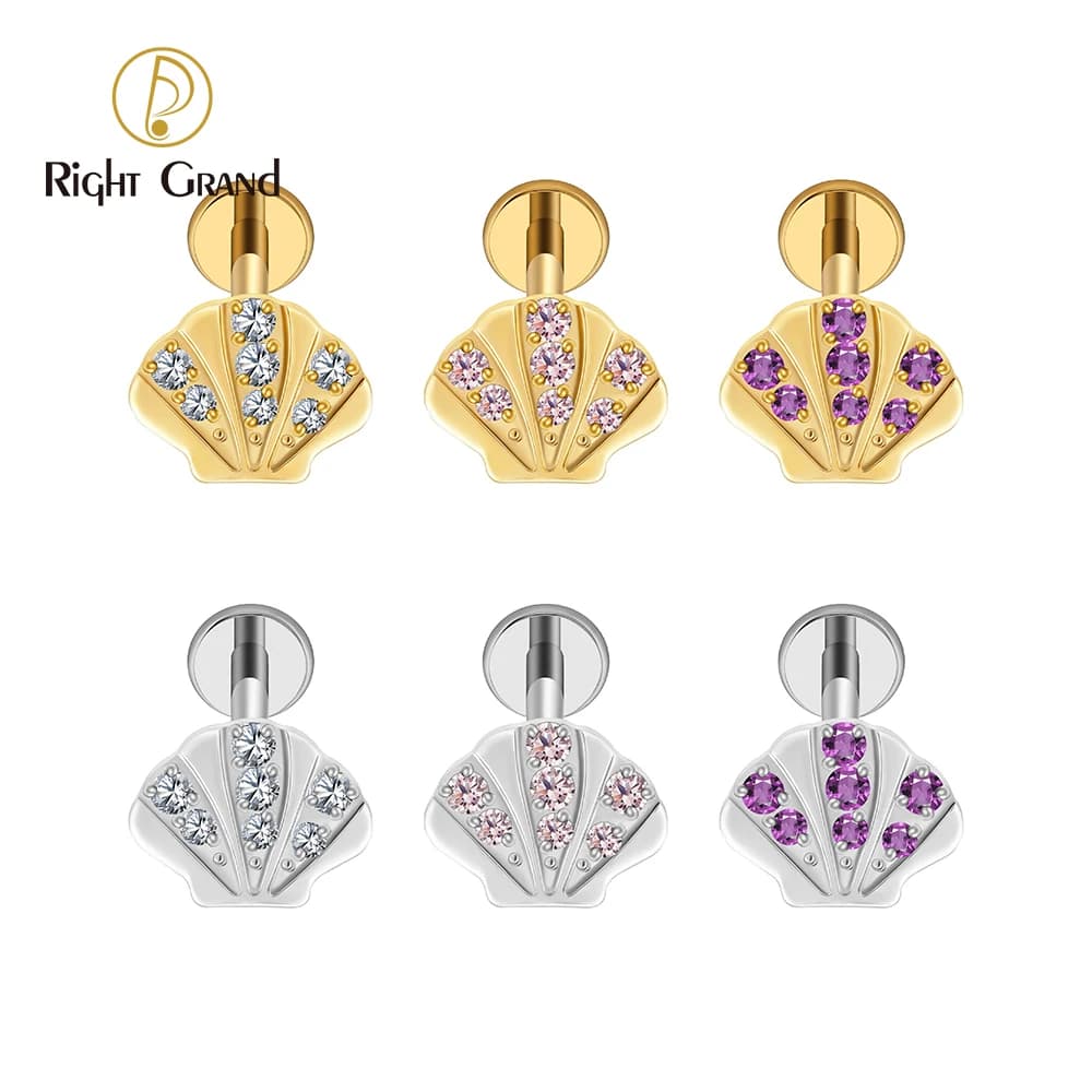 Right Grand ASTM F136 Titanium Seashell Flat Back Stud with CZ 16G Summer Cartilage Helix Conch Piercing Ocean Beach Jewelry