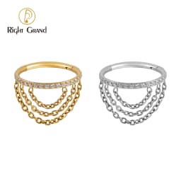 Right Grand ASTM F136 Titanium CZ Hinged Clicker Segment with Triple Chain Cartilage Earring Hoop 8-12mm Helix Conch Piercing