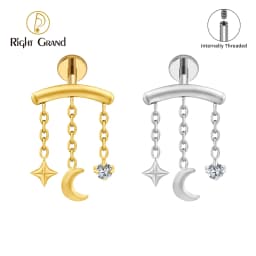 Right Grand ASTM F136 Titanium Hidden Helix Chain Earring 16G Dainty Star Moon CZ Dangle Cartilage Stud Piercing Jewelry
