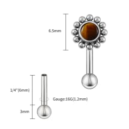 Right Grand ASTM F136 Titanium 16G Flower Rook Earring with Semi Precious Stone Eyebrow Curved Barbell Earring Piercing Jewelry