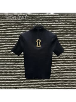 TWOTWINSTYLE Hollow Out Spliced Metal Buckle T Shirts For Women Turtleneck Short Sleeve Minimalist Slimming T Shirt Female 2025