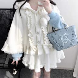 Winter New Japanese Lolita Cloak Overcoat Women Design Bow Hooded Patchwork Kawaii Cope Coat Harajuku Warm Sweet Fur Collar Coat