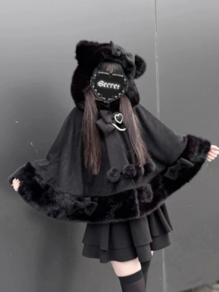 Winter New Japanese Lolita Cloak Overcoat Women Design Bow Hooded Patchwork Kawaii Cope Coat Harajuku Warm Sweet Fur Collar Coat