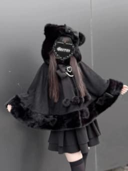 Winter New Japanese Lolita Cloak Overcoat Women Design Bow Hooded Patchwork Kawaii Cope Coat Harajuku Warm Sweet Fur Collar Coat
