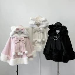 Winter New Japanese Lolita Cloak Overcoat Women Design Bow Hooded Patchwork Kawaii Cope Coat Harajuku Warm Sweet Fur Collar Coat
