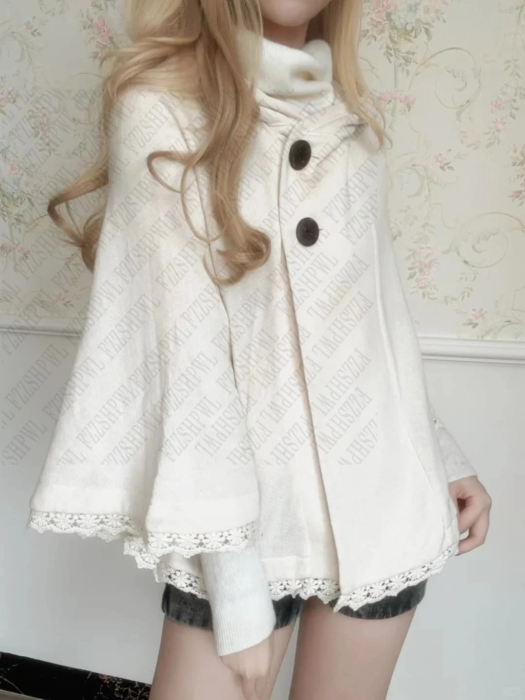 Y2K Women Daily Hooded Knit Cape with Buttons & Lace Hem Sweater Cape Japan Soft Korean Coat Aesthetic Playful Elegant Clothing