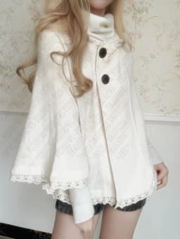 Y2K Women Daily Hooded Knit Cape with Buttons & Lace Hem Sweater Cape Japan Soft Korean Coat Aesthetic Playful Elegant Clothing