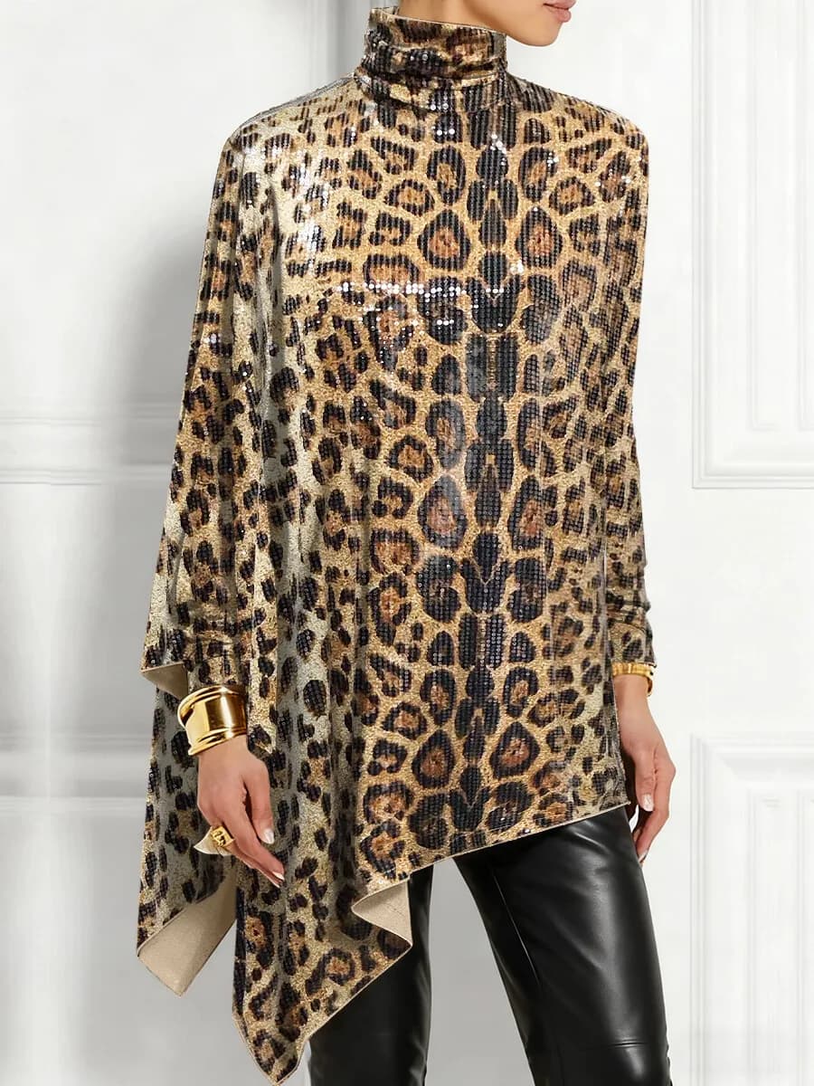 Casual Irregular Hem Sequin Blouses Women Elegant Leopard High Collar Long Sleeve Loose Tops Party Metallic Brown Pullover Shirt