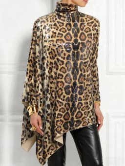 Casual Irregular Hem Sequin Blouses Women Elegant Leopard High Collar Long Sleeve Loose Tops Party Metallic Brown Pullover Shirt