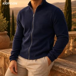 AIOPESON Men's Fleece Jacket Full Zip Stand Collar Solid Color Polar Fleece Outerwear Autumn Winter Outdoor Casual Light Coat