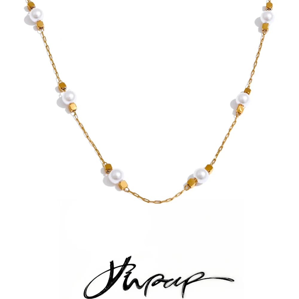 Yhpup Waterproof Stainless Steel Simulated Pearls Square Thin Chain Necklace Waterproof Fashion Chic Jewelry 2025 Accessories