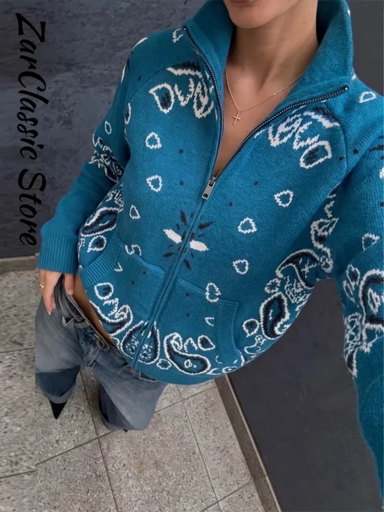 Vintage Paisley Jacquard Women's Cardigan Autumn Stand Neck Zip-up Knit Sweater Lady New Casual Elegant Winter Clothes 2026