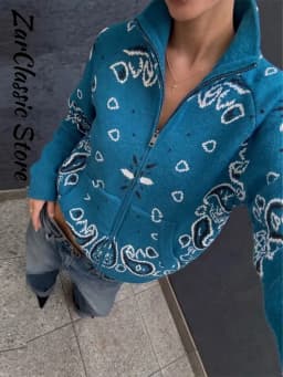Vintage Paisley Jacquard Women's Cardigan Autumn Stand Neck Zip-up Knit Sweater Lady New Casual Elegant Winter Clothes 2026