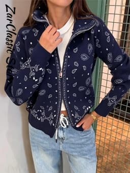 Vintage Paisley Jacquard Women's Cardigan Autumn Stand Neck Zip-up Knit Sweater Lady New Casual Elegant Winter Clothes 2026