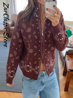 Vintage Paisley Jacquard Women's Cardigan Autumn Stand Neck Zip-up Knit Sweater Lady New Casual Elegant Winter Clothes 2026