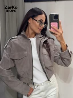 Women's Suede Bomber Jacket Loose Stand Collar Zipper Long Sleeve Elastic Hem Solid Cropped Jackets 2026 Autumn Lady Street Coat
