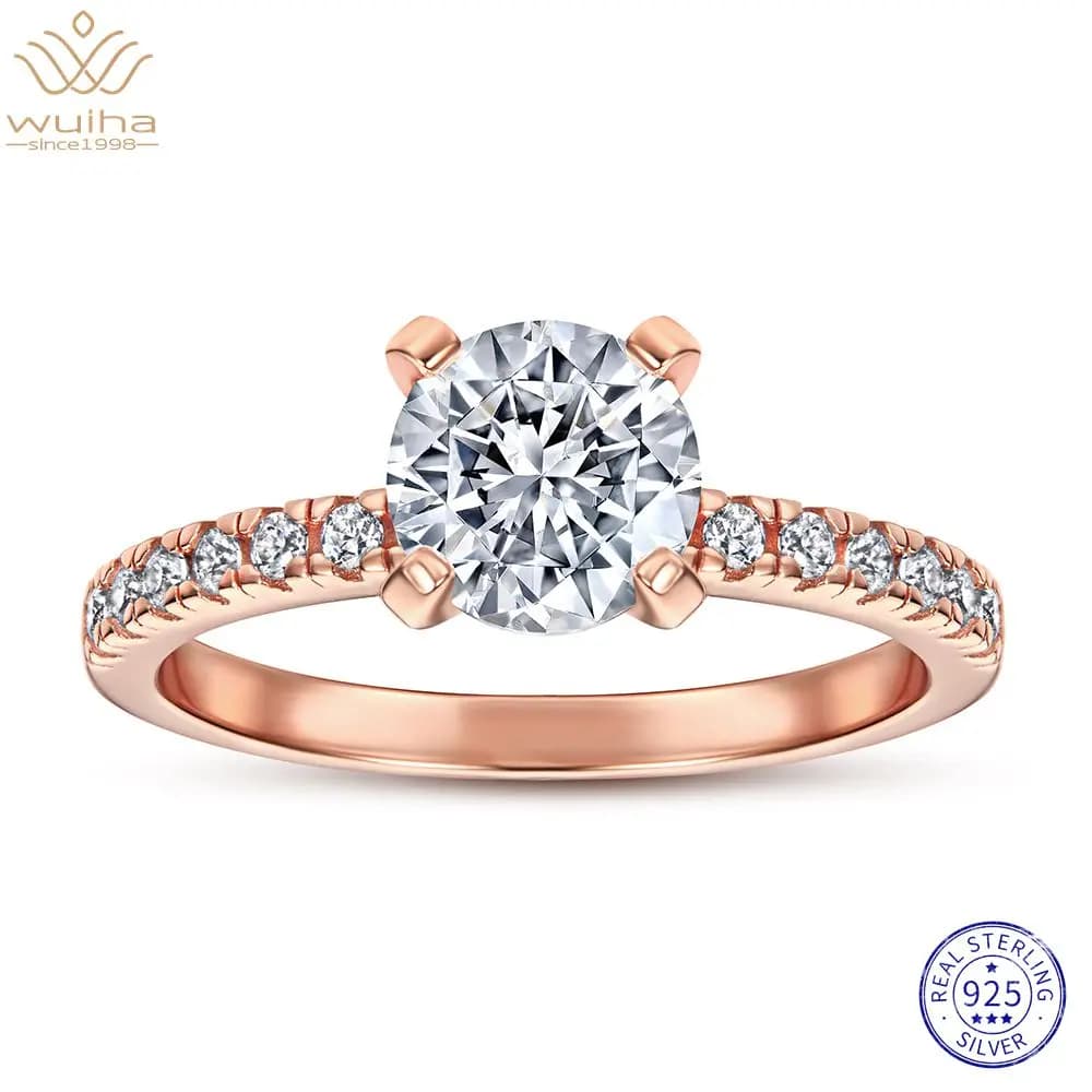 WUIHA Real 925 Sterling Silver Rose Gold Round 7MM VVS1 White Sapphire Created Moissanite Ring for Women Gift Drop Shipping