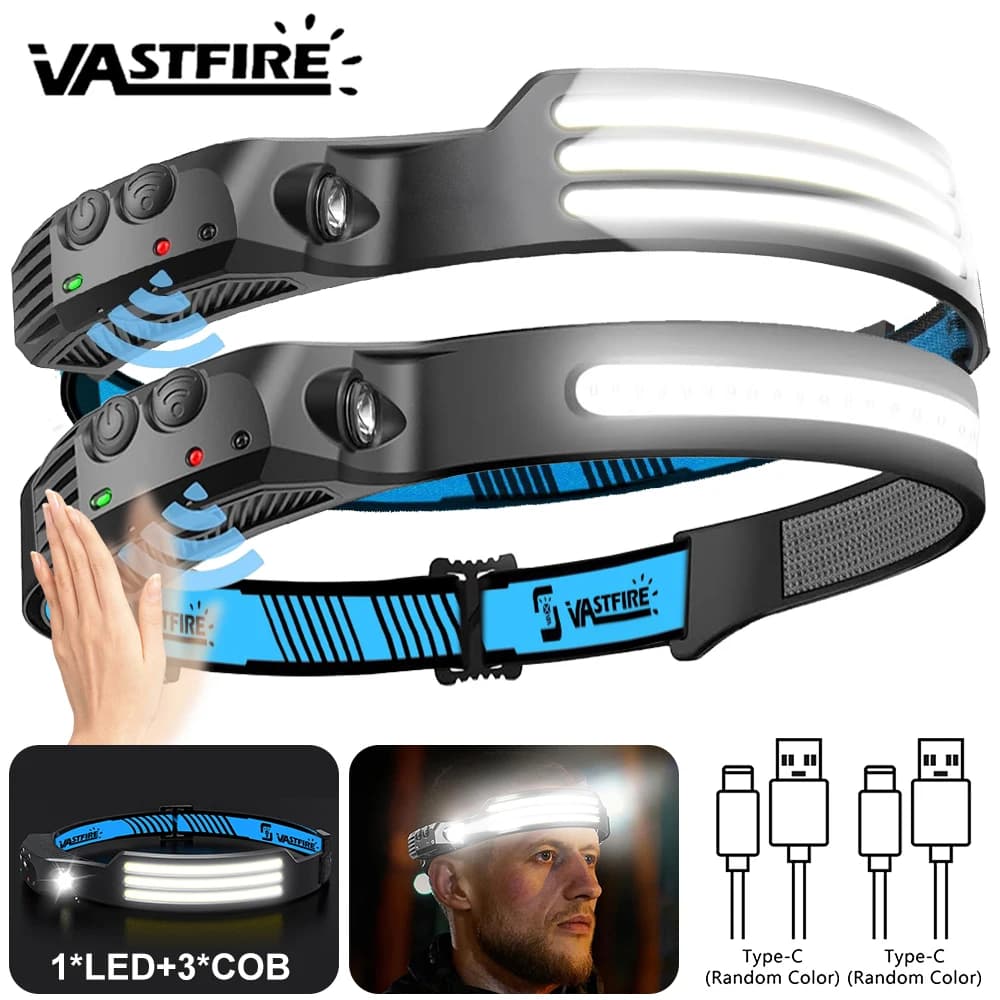Induction Headlamp COB+LED Head Flashlight Built in Battery USB Rechargeable Outdoor Waterproof Camping Fishing Work Lantern 
