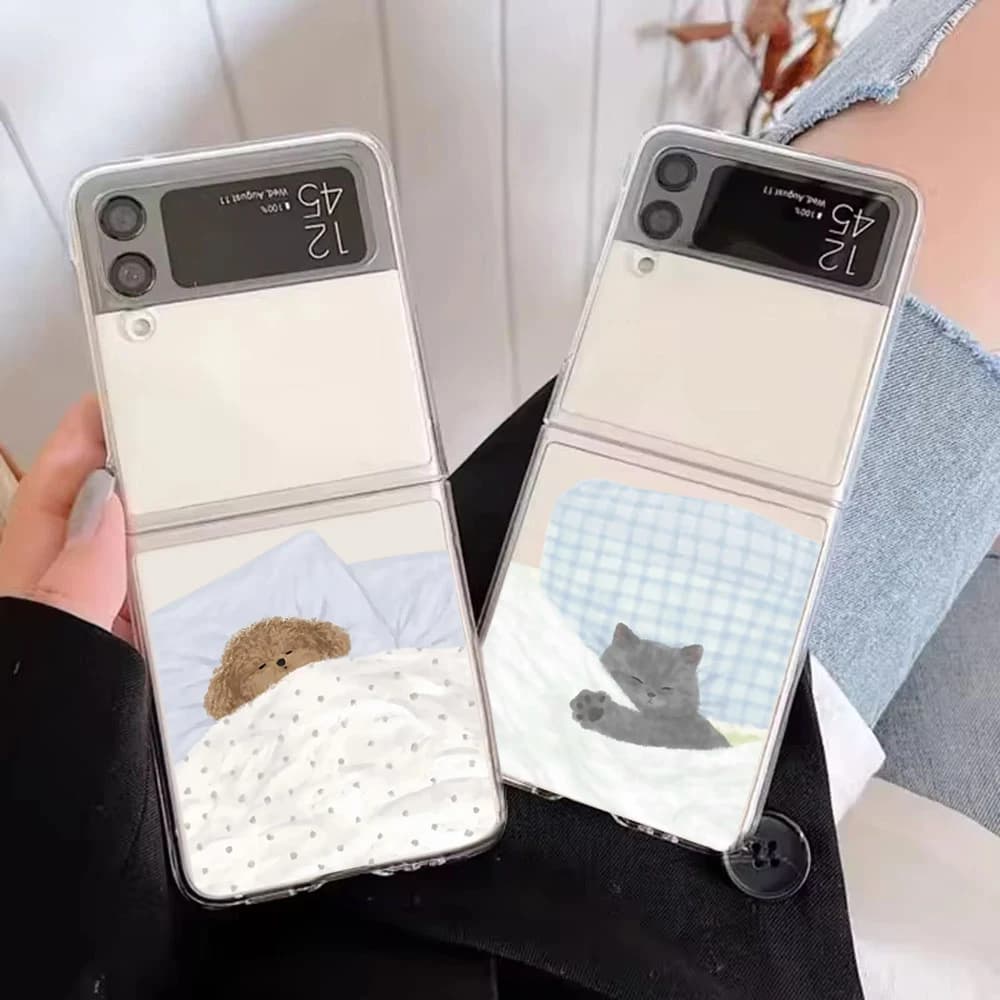 Cute Dog Cat Couple Clear Phone Case for Samsung Galaxy ZFlip 6 Z Flip 8 4 3 5 Hard Transparent Cover for Samsung ZFlip7 Shell