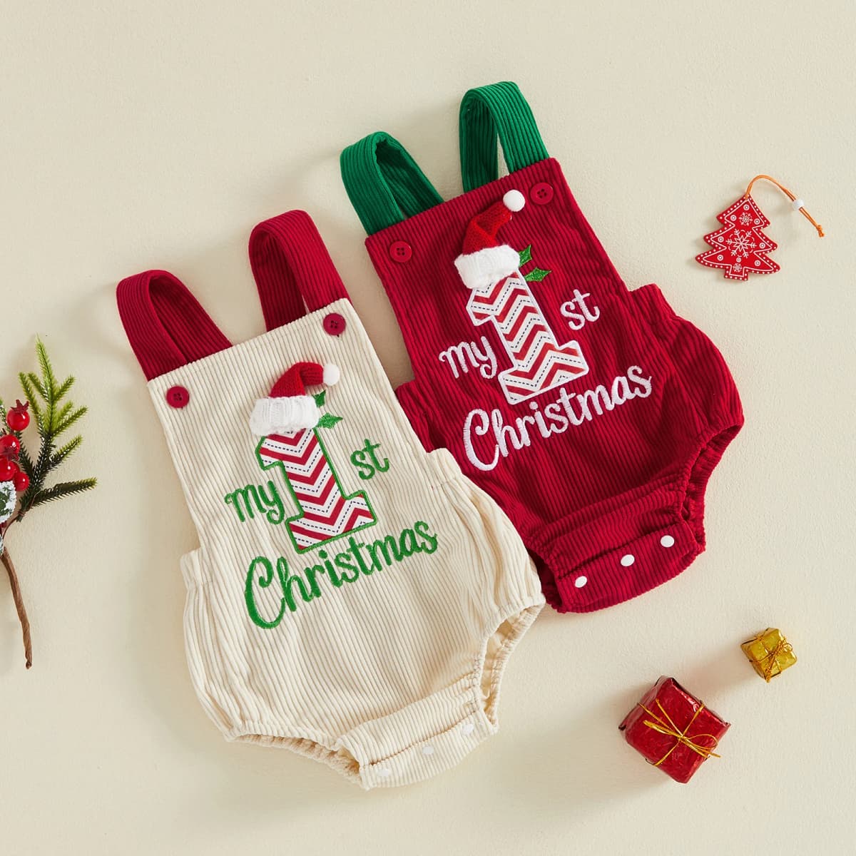 My First Christmas Baby Girl Boy Outfit Letter Embroidery Romper Sleeveless Backless Overall Romper