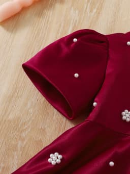 Baby Girl Birthday Dress Bubble Sleeves and Pearl Decal Wine Red Dress Suitable for 0-3 Year Old Daby Girls Party Princess Dress