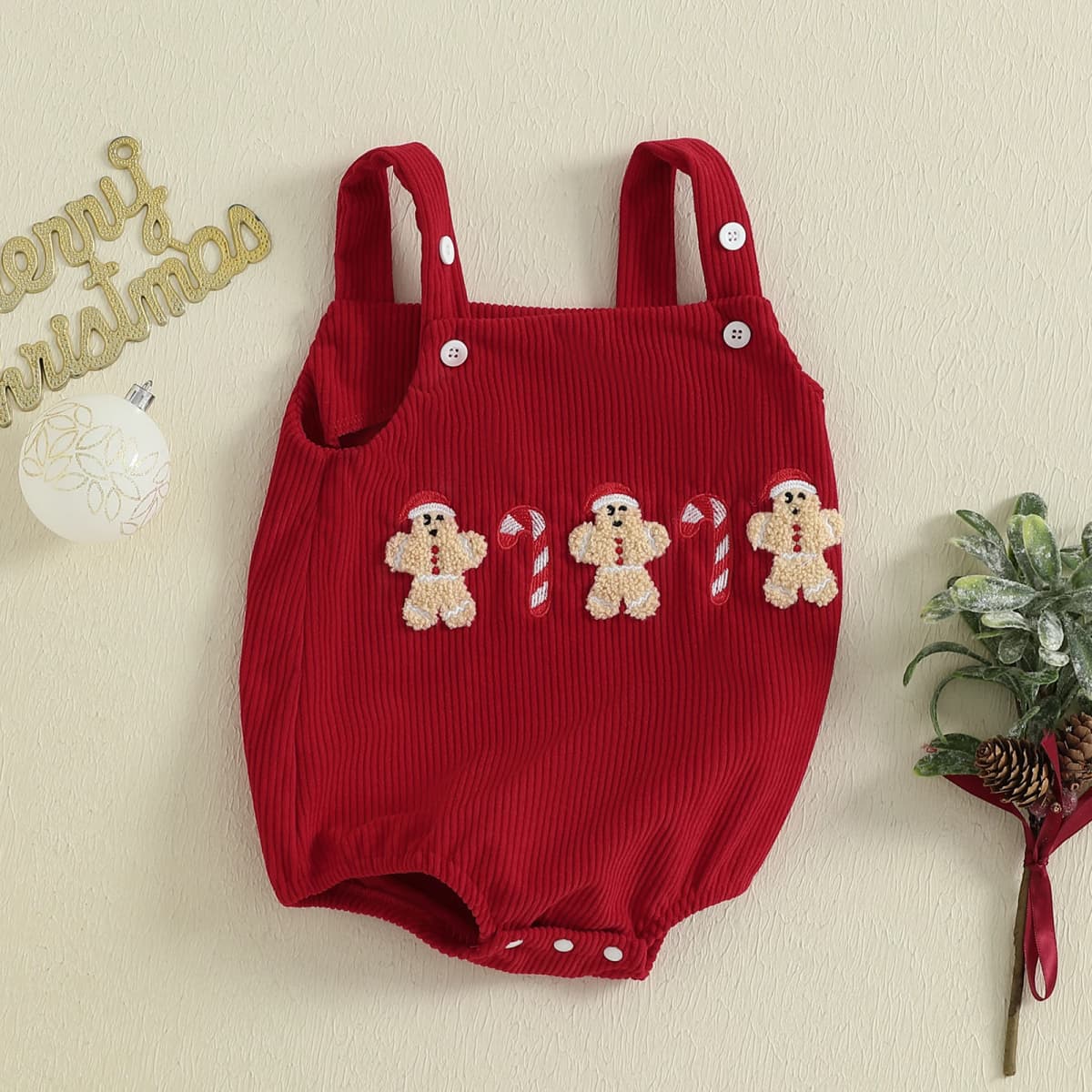 Tregren 0-18M Newborn Baby Christmas Romper Overalls Tree Letter Embroidery Sleeveless Corduroy Bodysuit Festival Infant Clothes