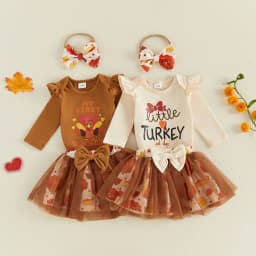 0-18M Baby Girl Thanksgiving Outfit Turkey Letter Print Long Sleeve Romper Bow Mesh Skirt and Bow Headband 3 Pcs Set for Fall