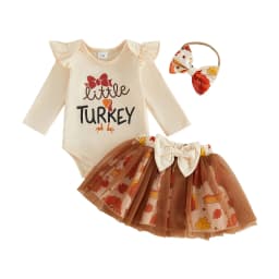0-18M Baby Girl Thanksgiving Outfit Turkey Letter Print Long Sleeve Romper Bow Mesh Skirt and Bow Headband 3 Pcs Set for Fall