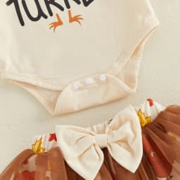0-18M Baby Girl Thanksgiving Outfit Turkey Letter Print Long Sleeve Romper Bow Mesh Skirt and Bow Headband 3 Pcs Set for Fall