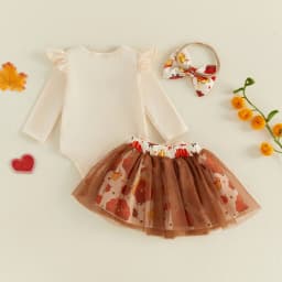 0-18M Baby Girl Thanksgiving Outfit Turkey Letter Print Long Sleeve Romper Bow Mesh Skirt and Bow Headband 3 Pcs Set for Fall