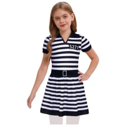 Kids Girls Prisoner Cosplay Costume Prison Jailbird Convict Uniform Long Sleeve Ruffled Striped Dress Halloween Party Dress Up