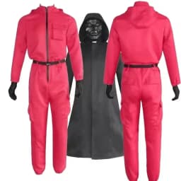 Adult Calamari Game Costume Guard Cosplay Jumpsuit Outfit Teenagers Tracksuit Hooded Overall Belt Gloves Mask Set Halloween