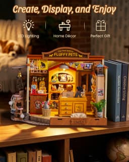 Rolife DIY Miniature House Kit Pet Store Dollhouse Wooden 3D Puzzle Model Building Kit with LED Light for Home Decor Suitable for Adults and Kids