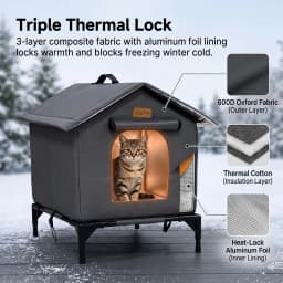 BingoPaw Elevated Outdoor Cat House Weatherproof, Insulated Feral Cat Shelter for Outside Winter with 3-Layer Aluminum Foil Thermal Liner, 600D Waterproof Oxford Pet Tent Bed with Legs & Ground Stakes for Stray Cats (45x42x55cm)
